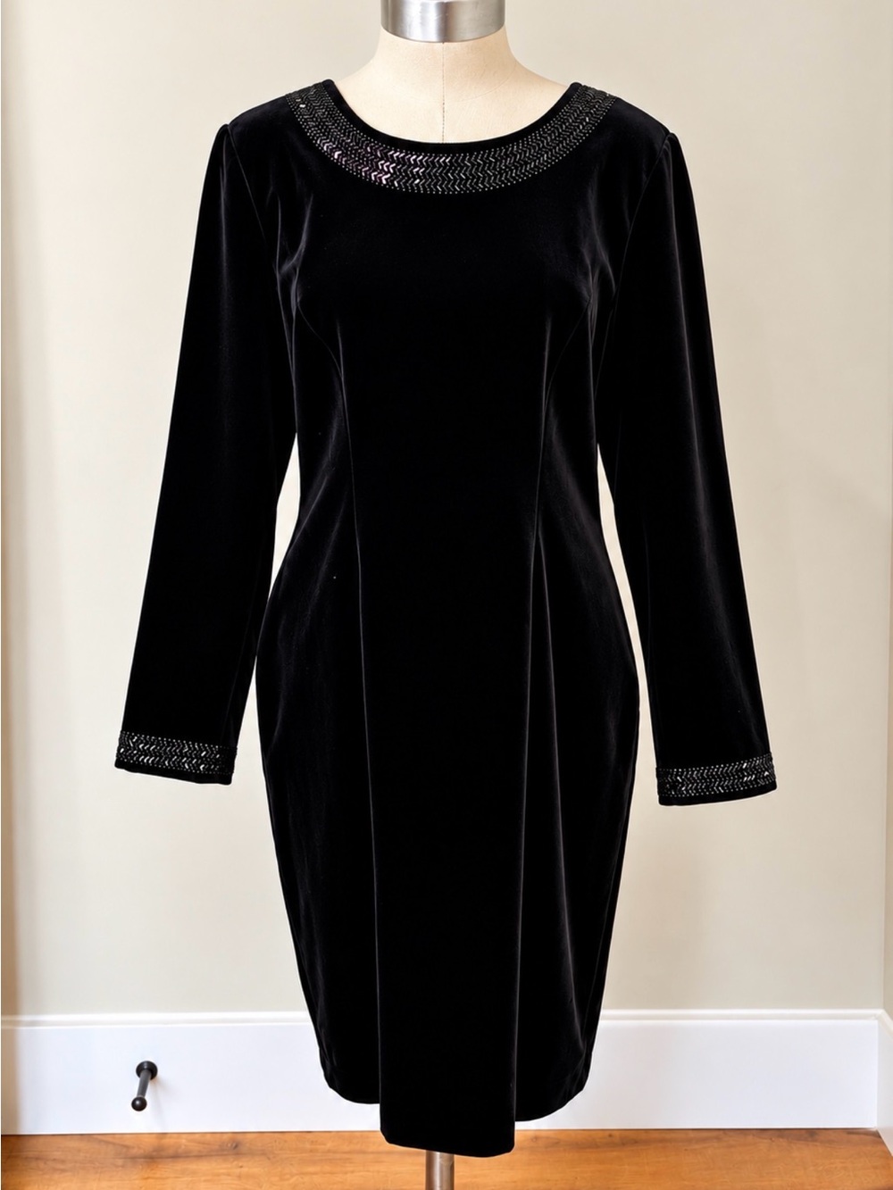 Vintage Laura Ashley Black Velvet Long-Sleeve Dress with Beaded Trim